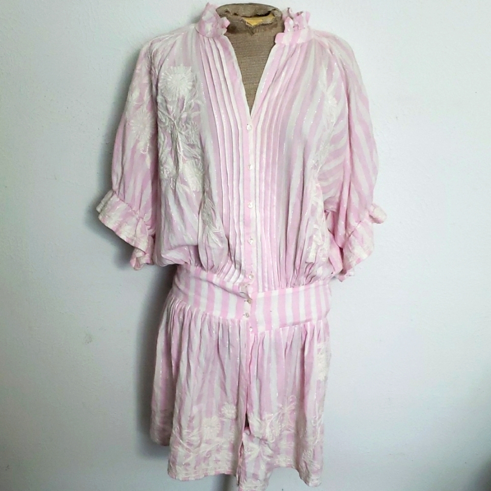 Juliet Dunn Cotton Pink and White Striped Embrodiered Floral Mini Dress Sz1